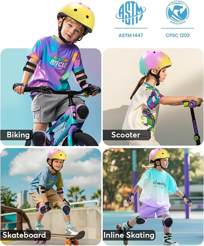 Kids Bike Helmet and Pads Set for Ages 2–14, CPSC Certified Adjustable Helmet with Knee Elbow Wrist Guards, for Skateboard, Scooter, Skating, Rollerblading, Multi-Sport Protective Gear-CubbioJoy