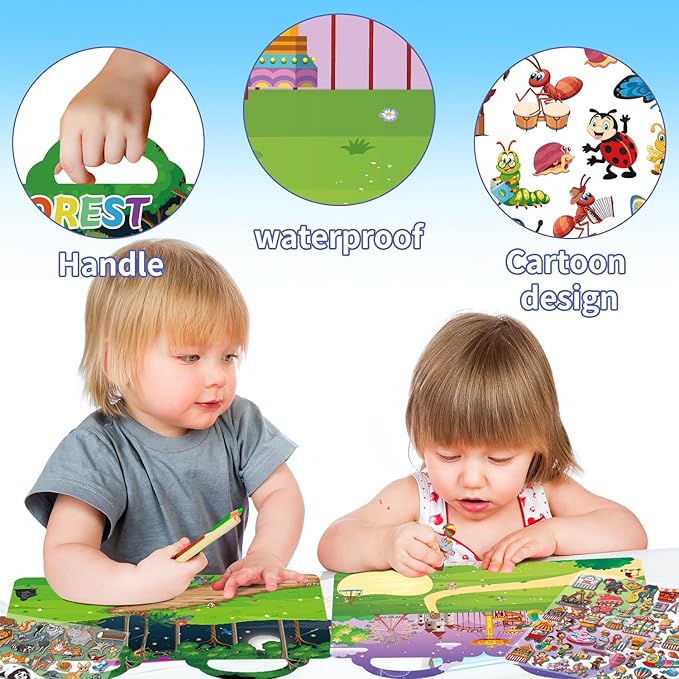 6Set Reusable Sticker Books for Kids 1-3 2-4 Years Old, 3D Puffy Stickers Books for Toddlers,Monster+Insects+Forest+Desert+Polar+Amusement Park-CubbioJoy