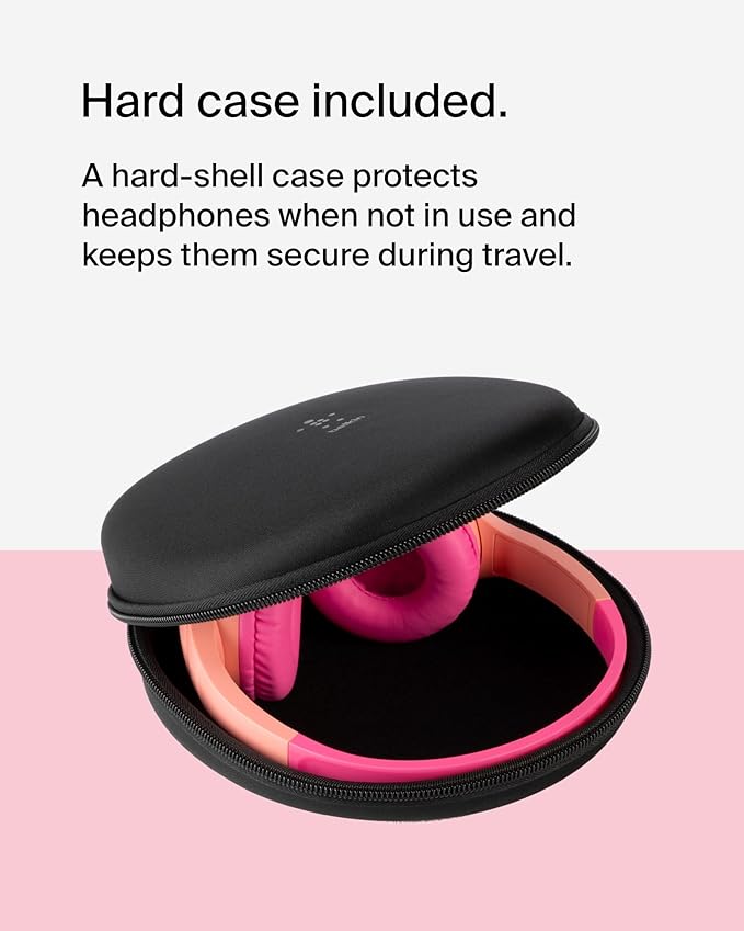 Belkin SoundForm Mini w/Case - Wireless Bluetooth Kids Headphones with 30H Battery Life, 85dB Safe Volume Limit, Built-in Microphone - Kids On-Ear Earphones for iPhone, iPad, & More - Pink-CubbioJoy