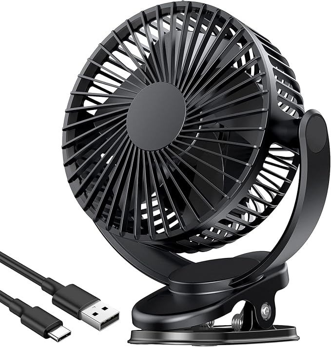 ATEngeus Rechargeable Clip-on USB Desk Fan, 3 Speeds, 5000mAh Battery, 720Rotation, Sturdy Clamp for Home, Camping, Treadmill and Car-CubbioJoy