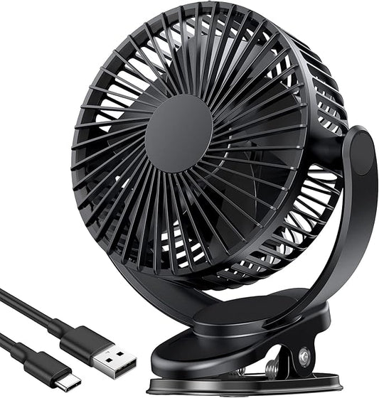 ATEngeus Rechargeable Clip-on USB Desk Fan, 3 Speeds, 5000mAh Battery, 720Rotation, Sturdy Clamp for Home, Camping, Treadmill and Car-CubbioJoy