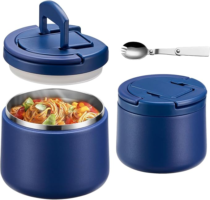 14oz Insulated Vacuum Food Jar with Buckle Lid,Soup Thermo for Hot Food Kids,Wide Mouth Leakproof Stainless Steel Lunch Container with Spoon-Blue-CubbioJoy