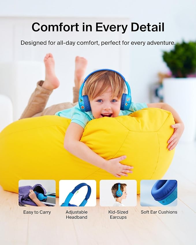 Belkin SoundForm Mini - Wireless Bluetooth Kids Headphones, 30H Battery, 85dB Safe Volume Limit, Built-in Microphone - Toddler On-Ear Earphones for iPhone, iPad, Fire Tablet, Ideal for School - Blue-CubbioJoy