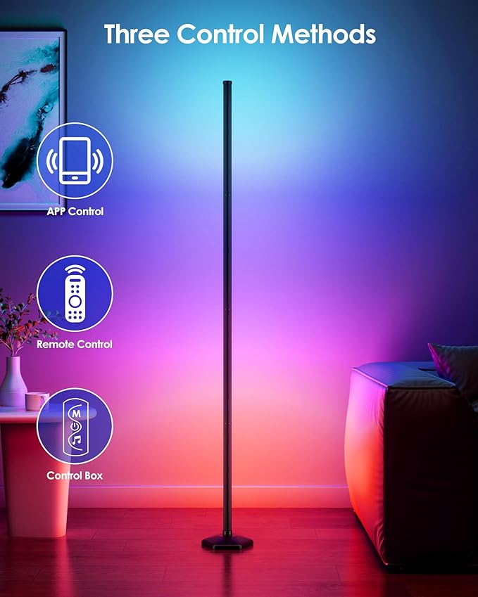 2PCS Smart RGB LED Corner Floor Lamp with App and Remote Control, 65" Color Changing Standing Lamp with Music Sync and 16 Million DIY Colors, Modern Floor Lamps for Bedroom Living Room Gaming Rooms-CubbioJoy