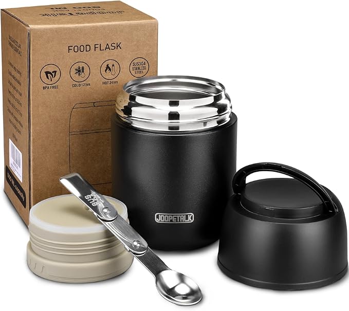 17 oz Insulated Lunch Containers, Black, Vacuum Stainless Steel Thermo Lunch Box with Handle and Folding Spoon for School, Office, Travel-CubbioJoy