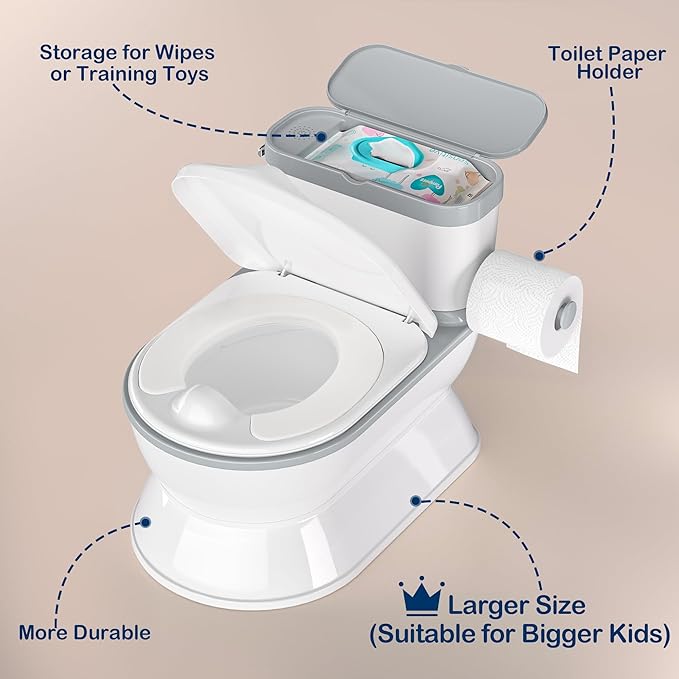 2-in-1 Toddler Potty Training Toilet - Larger Potty Chair & Detachable Training Seat for Boys & Girls Ages 1-3 with Flushing Sound, Wipes Storage, Toilet Paper Holder - Grey-CubbioJoy