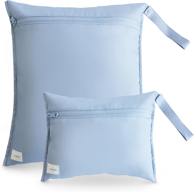mushie Water Resistant Wet Bags | Large & Small Reusable Storage Bag for Baby Items and Travel | Zippered Pockets with Handle | Machine Washable, Set of 2 (Tradewinds)-CubbioJoy