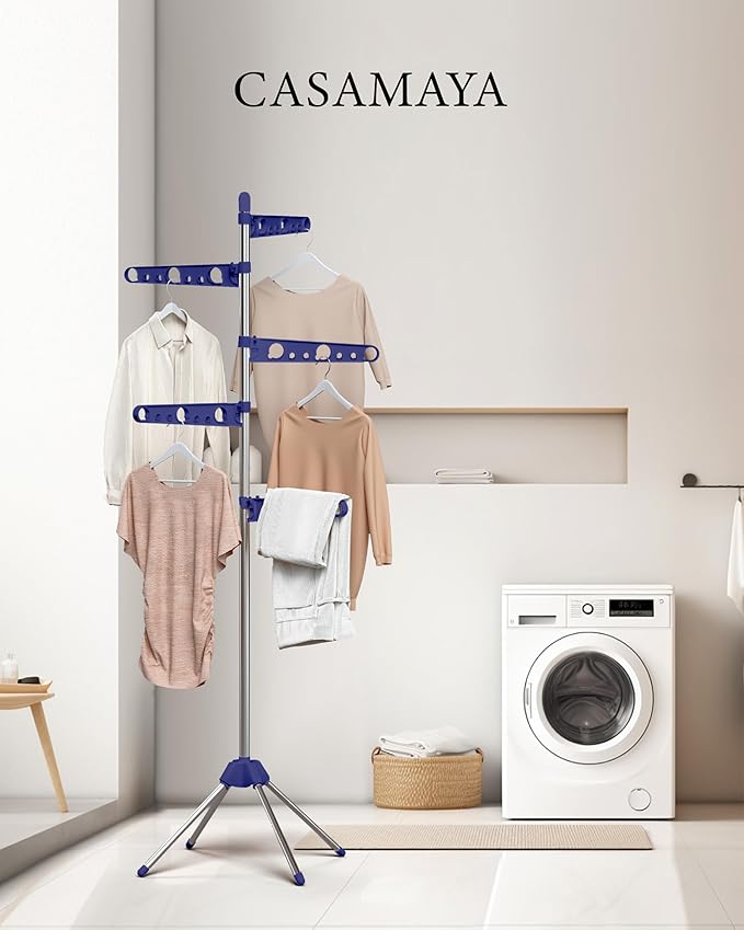 Clothes Drying Rack Foldable, 70.9 inch Tripod Drying Rack for 35 Pieces of Clothes, with Height-Adjustable Rotatable Clothes Rails, Space Saving, Stainless Steel, Blue and Silver CDR005Q01-CubbioJoy