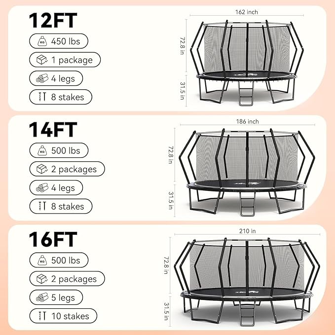 BCAN 8FT 10FT 12FT 14FT 15FT 16FT Recreational Trampoline with Enclosure for Kids Adults, ASTM Approved, Outdoor Trampolines with Ladder for Kids-CubbioJoy