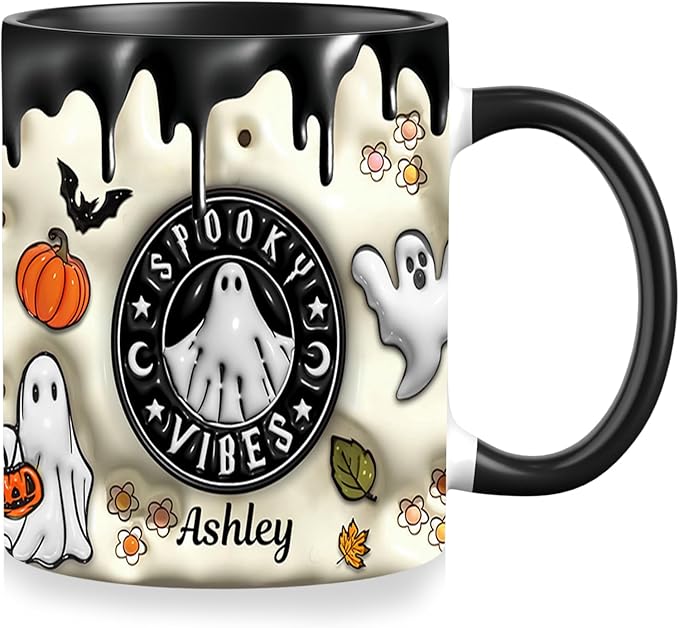 Custom Halloween Coffee Mug with Names, Pumpkin Coffee Cup, Personalized Ghost Ceramic Coffee Mug, Spooky Vibes Trick Or Treat Halloween Accent Mug, Spooky Season Gift for Women Men 11 Oz-CubbioJoy