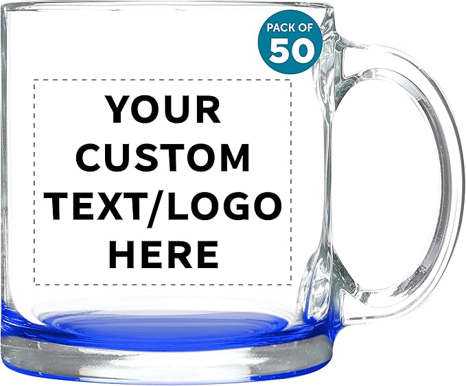 Custom Libbey Clear Glass Coffee Mugs 13 oz. Set of 50, Personalized Bulk Pack - Perfect for Coffee, Tea, Espresso, Hot Cocoa, Other Beverages - Blue Bottom-CubbioJoy