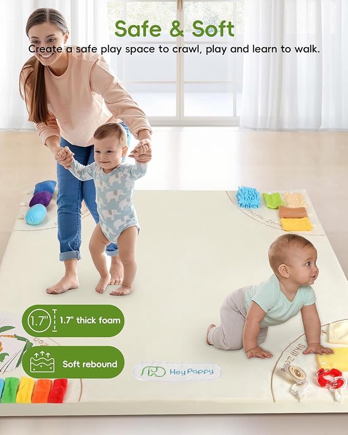 Baby Play Mat, Unique Crawling Mats with 4 Sensory Development Zones for Motor Skills, 50''x50'' Playpen Mats with Non-Slip Cushioned that Fits Nicely Into Any Playroom, Beige-CubbioJoy