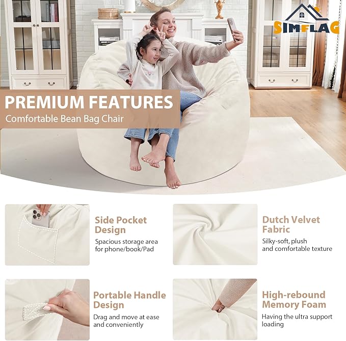 3FT Bean Bag Chair, Comfy Bean Bag Chairs with Memory Foam Filled, Fluffy Beanbag Sofa with Dutch Velvet Cover, Round BeanBag Chairs for Living Room, Playroom - Beige-CubbioJoy