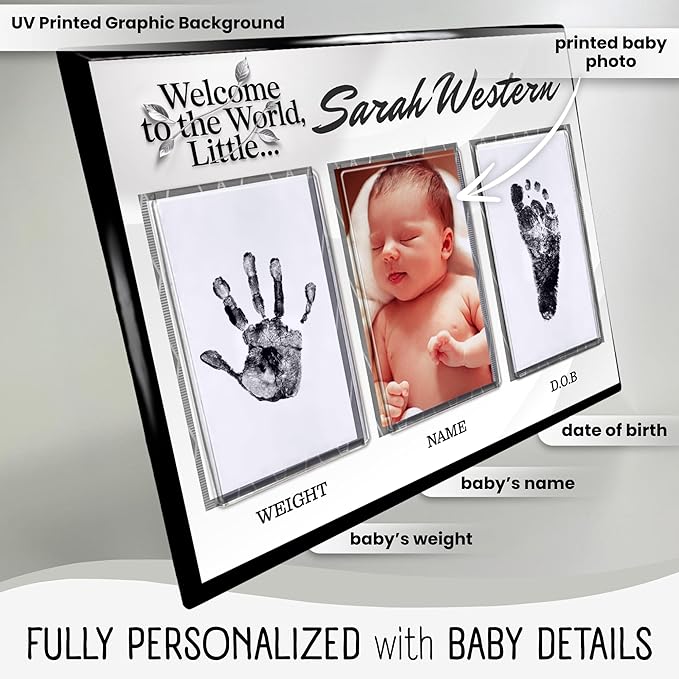 Baby Hand and Footprint Kit with Photo & Birth Details, Inkless Hand and Footprint Kit, Newborn Keepsake Plaque, Baby Shower Gifts (STYLE 1 (Fully Personalized) (Welcome To The World) (Neutral))-CubbioJoy