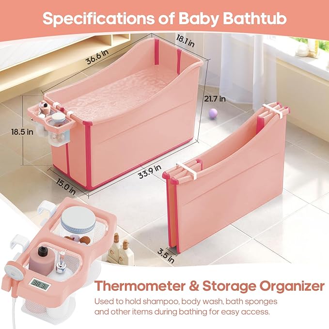 Collapsible Baby Bathtub Foldable Bathtub for Toddler Portable Large Foldable Bath Tub Bathtub for Kids Petite with Thermometer and Storage Basket (Pink)-CubbioJoy