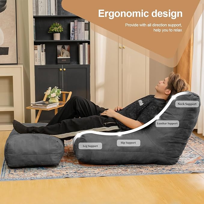 Bean Bag Chair with Ottoman, Comfy Bean Bag Sofa with Memory Foam, Lazy BeanBag Sofa with Footstool, Fireside Bean Bag Couch for Living Room, Bedroom, Apartment-CubbioJoy