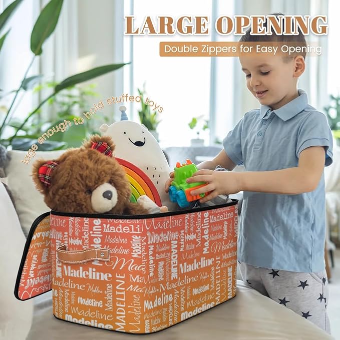 Custom Storage Basket with Name, Personalized Storage Bins with Zipper Lid, Foldable Fabric Storage Box Large capacity with Handle Orange-CubbioJoy