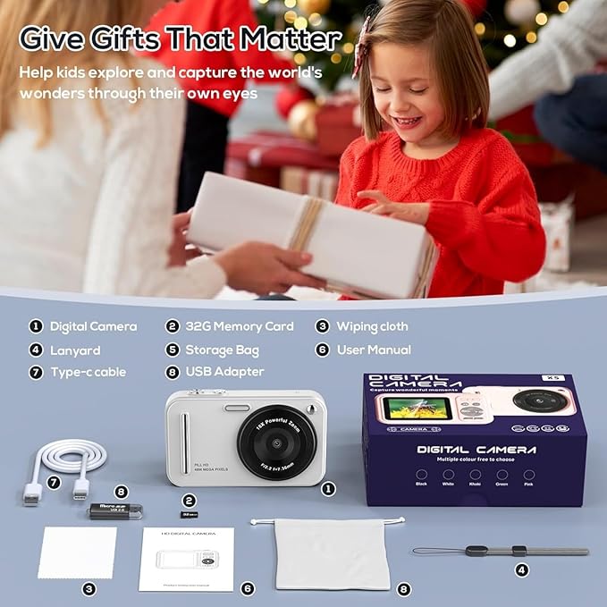 Digital Camera for Kids, WITYEAH 48MP FHD 1080P Point and Shoot Digital Cameras with 16X Zoom Anti-Shake, Compact Portable Cameras for Photography, for Boys Girls Teens Beginners,White-CubbioJoy