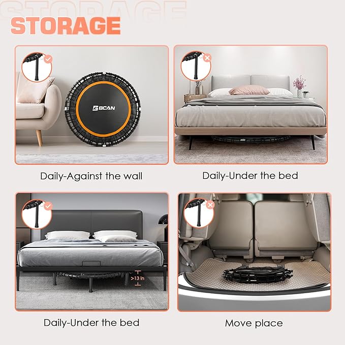 BCAN 40"/48" Mini Rebounder Trampoline for Adults with Bar, 450/550LBS Fitness Trampoline with Bungees, Adjustable Handle, Stable & Quiet, Indoor Outdoor, Whole-Body Workout & Relaxation at Home-CubbioJoy