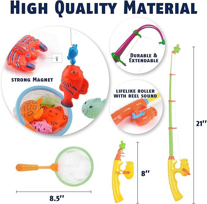 CozyBomB™ Kids Fishing Bath Toys Game | Magnetic Floating Toy Magnet Pole Rod Net, Plastic Floating Fish Toddler Pool Education Teaching and Learning Colors Birthday Age 3 4 5 6 Year-CubbioJoy