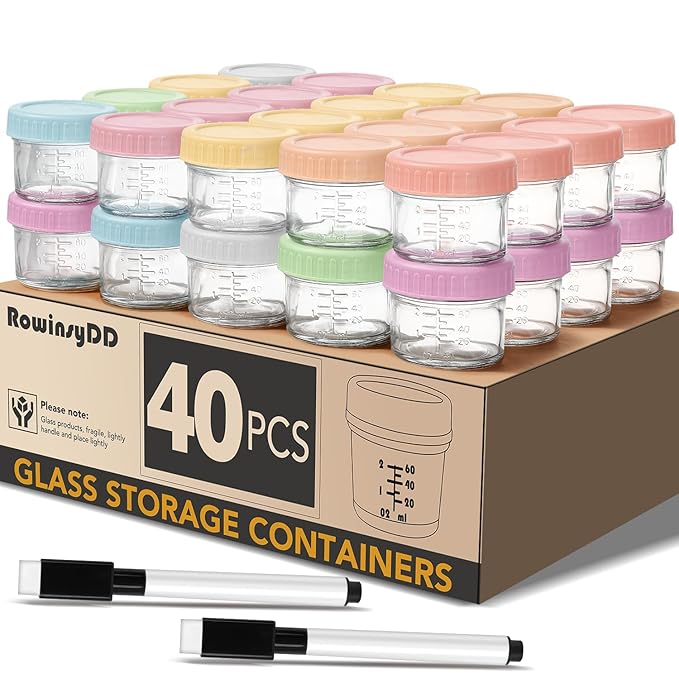 40 Pack Glass Baby Food Storage Containers, 4 oz Leakproof Baby Food Jars with Lids, Small Glass Food Containers for Infant Baby, Freezer & Microwave Safe, BPA Free-CubbioJoy