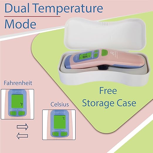 Amplim Non-Contact Forehead Thermometer for Adults, Kids & Infants | Ampmed No-Touch Medical Grade Temporal Fever Thermometer with Case, Nurse Accessories for Work, FDA-Cleared Pink Termometro Digital-CubbioJoy