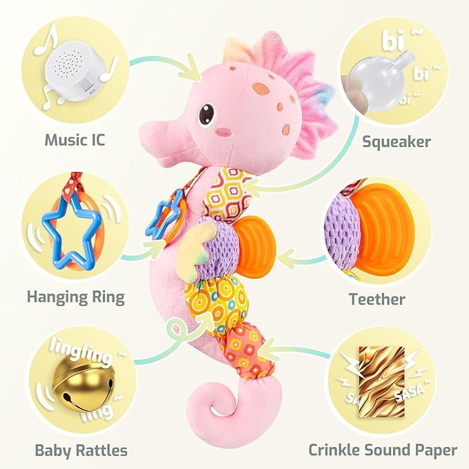 Sumobaby Infant Baby Musical Stuffed Animal Activity Soft Toys with Multi-Sensory Crinkle, Rattle and Textures, for Tummy Time Newborn 0-3-6-12 Months Girls,Seahorses, Pink-CubbioJoy