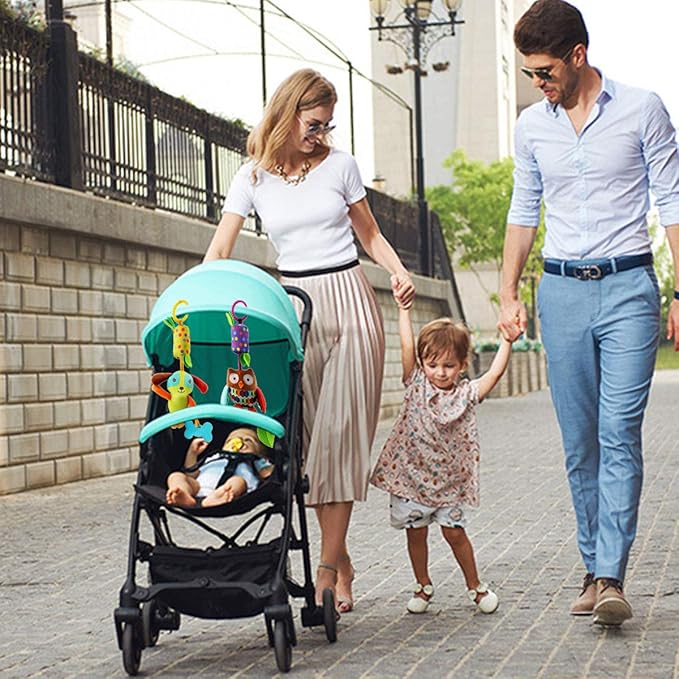 4 PCS Baby Soft Hanging Rattle Crinkle Squeaky Toy - Baby Toys for 0 3 6 9 to 1 Animal Ring Plush Stroller Infant Car Bed Crib Travel Activity Hanging Wind Chime with Teether for Boys Present-CubbioJoy