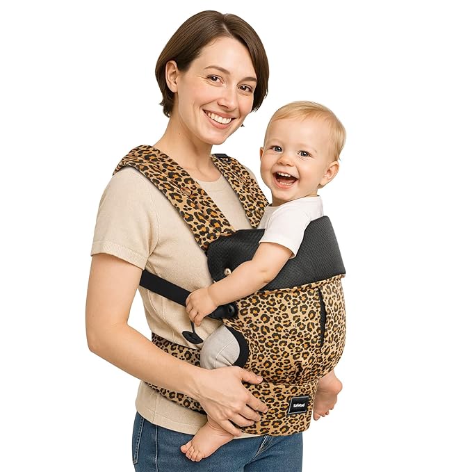 Baby Carrier with Lumbar Support, Cozy Baby Carrier Newborn to Toddler with Adjustable Seat Size, Ergonomic Infant Carrier with 3-Way Carry, Front Facing Toddler Hodler Carrier for Mom & Dad, Leopard-CubbioJoy