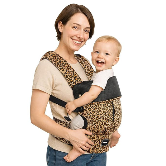 Baby Carrier with Lumbar Support, Cozy Baby Carrier Newborn to Toddler with Adjustable Seat Size, Ergonomic Infant Carrier with 3-Way Carry, Front Facing Toddler Hodler Carrier for Mom & Dad, Leopard-CubbioJoy