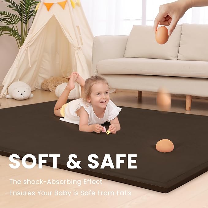 Baby Play Mat for Floor,1.3" Thick Memory foam Tummy Time Mat,Water Repellent Soft Velvet Nursery Rug,Extra Large Non Slip for Crawling,Toddlers,Infants,kids,Tatami Style for Living Room(Dark Brown)-CubbioJoy