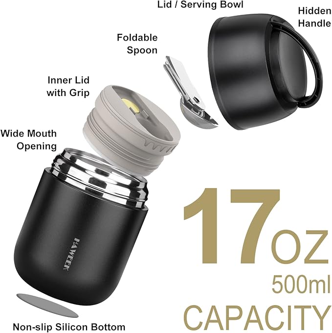 Insulated Food Container 17 oz Soup Thermo for Hot Food Kids Adults, Stainless Steel Vacuum Lunch Box with Folding Spoon, Adult Kids Thermo Portable with Handle for School, Office, Outdoor-CubbioJoy