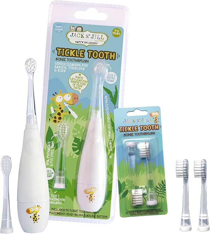 Jack N' Jill Tickle Tooth Toddler Electric Toothbrush with Replacement Head - Gentle Cleaning, Made for Tiny Teeth, LED Inspection Light, for Babies & Kids, Extra Soft Bristles - (1 Pack)-CubbioJoy