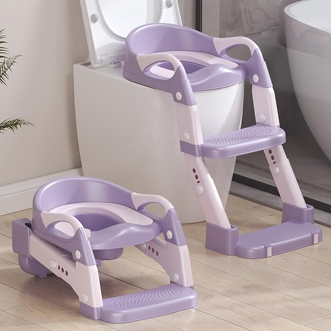 2-in-1 Toddler Potty Training Toilet Seat with Step Stool Ladder – Adjustable Height Potty Chair Urinal for Baby Boys Girls Age 1-3, Foldable Training Potty with Splash Guard & Anti-Slip Feet, Purple-CubbioJoy