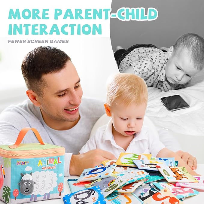 Jollybaby Reusable Soft Cloth ABC Alphabet/Letters Animal Flash Cards for Baby 0-3-6-9-12-18 Month, Curious Baby First Words Learning Activity Flashcards, Tummy Time Toy Gift for 1 Year Old Boy Girl-CubbioJoy