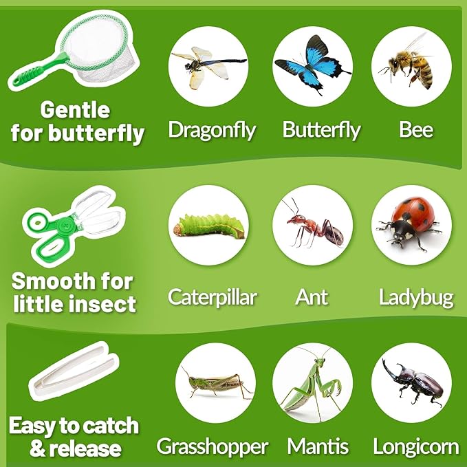 2 Set Bug Catcher for Kids- Educational Bug Catching Kit Including Butterfly Net, Insect Clip, Tweezer, Outdoor Toys for Kids Ages 3-10 (Green)-CubbioJoy