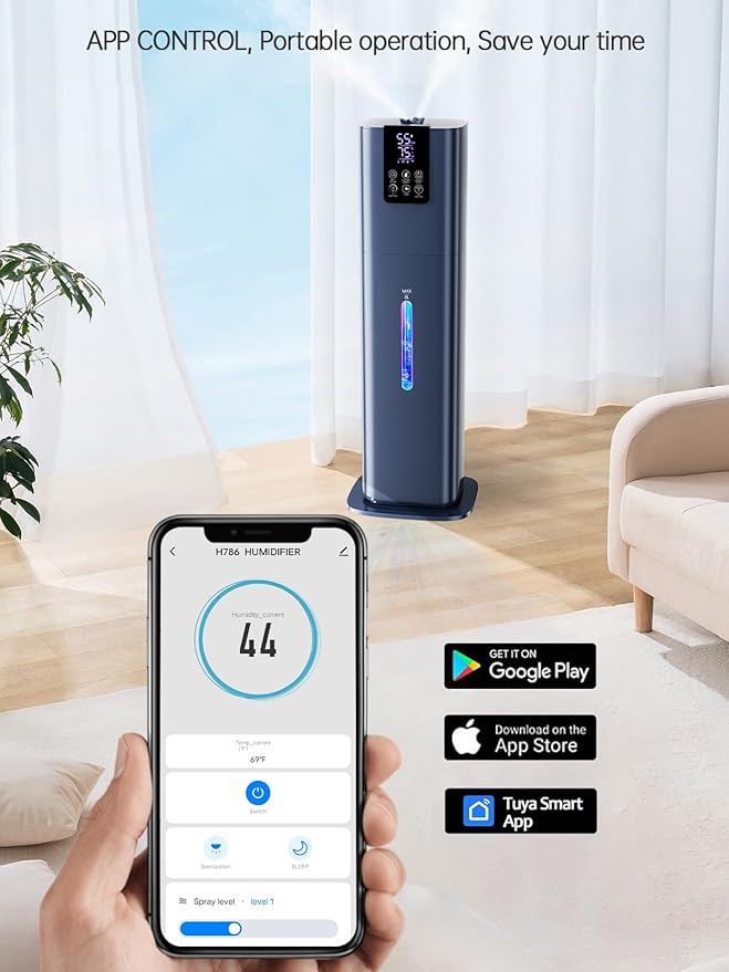 8L Smart Humidifiers for Bedroom Large Room, 2.1Gal Cool Mist Top Fill Diffuser Ambient Light, App & Remote Control, 3 Mist Modes, Quiet Humidifier for Home Office Plant (Blue)-CubbioJoy