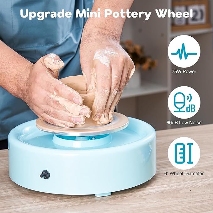 Alldeer Mini Pottery Wheel Machine - 6" Upgraded Clay Wheel for Beginners & Kids, 75W Motor, Adjustable Speed, Low Noise Ceramic Making Kit with 18PCS Sculpting Tools, Ideal for Home DIY-CubbioJoy