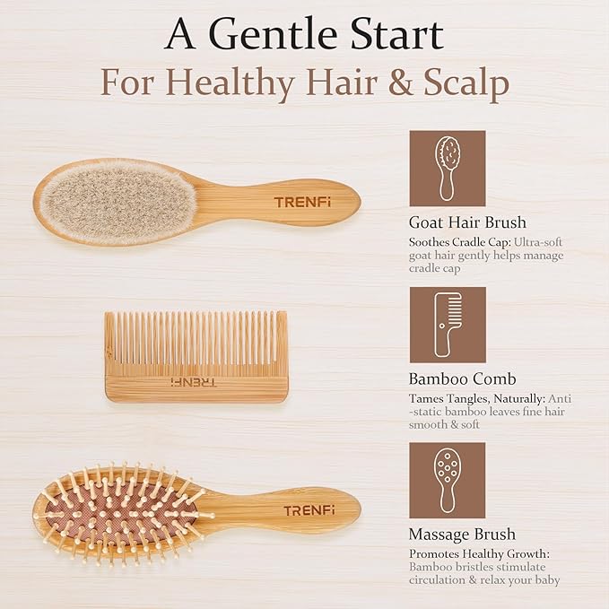 Bamboo Baby Brush and Comb Set (3-Piece) | Ultra-Soft Goat Bristle Newborn Hair Brush for Gently Soothing Cradle Cap | Natural Massage Brush & Toddler Comb | Perfect Baby Registry & Shower Gift-CubbioJoy