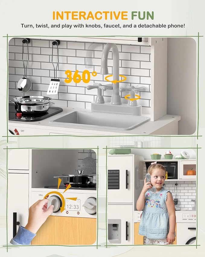 Babytronic Wooden Kitchen Playset for Kids, Interactive Play Kitchen with Lights & Sounds, Children Pretend Toy Kitchen Set with Faucet, Oven, Microwave, Kitchenware for Toddlers Ages 3+ (White)-CubbioJoy