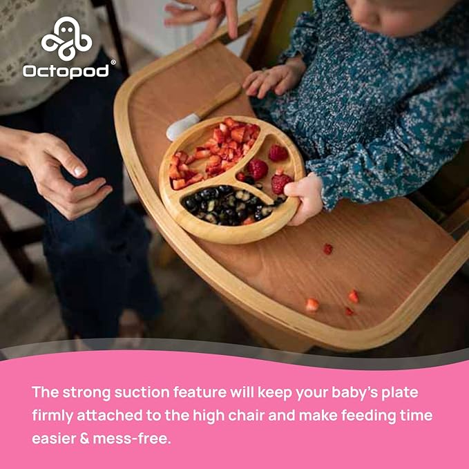 Abiie Octopod Bamboo Dish - Kids Plates for 4 months and up, 3-Compartment Baby Plates with Suction, Round Bamboo Baby Plate, Mess-Free Toddler Suction Plates, Baby Feeding Supplies, 7.5 x 7.5 x 1.9in-CubbioJoy