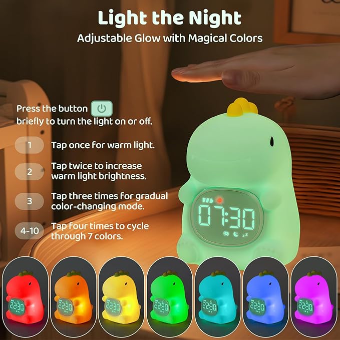 Dinosaurs Alarm Clock with Night Light for Kids with Sleep Training and Sound Machine, Rechargeable Silicone Lamp OK to Wake Clock，Cute Animal Tabletop Lamp, Perfect Sleep Companion for Boys Girls-CubbioJoy