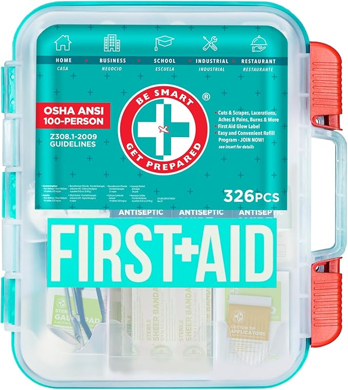 Be Smart Get Prepared First Aid Kit, Teal, 326 Piece, Exceeds OSHA and ANSI Guidelines 100 People - Office, Home, Car, School, Emergency, Survival, Camping, Hunting and Sports-CubbioJoy