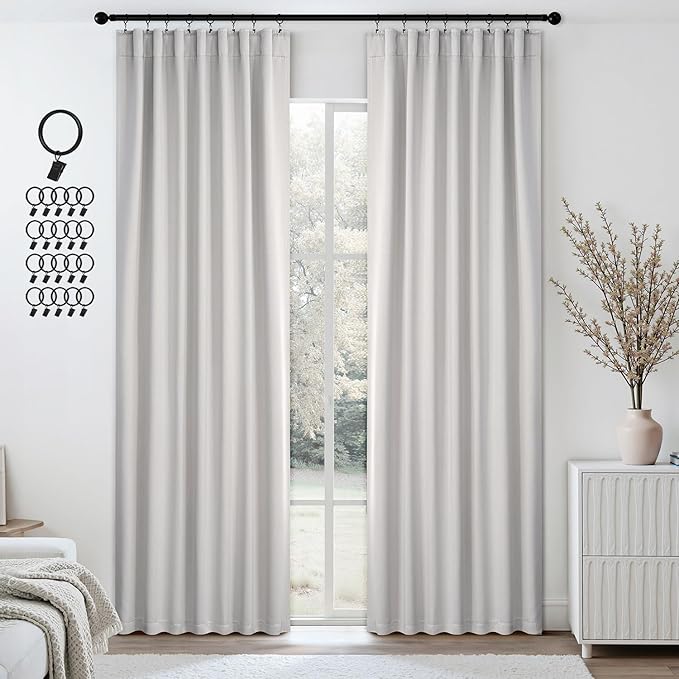 ANRODUO Back Tab Blackout Curtains for Bedroom Living Room, Rod Pocket Pinch Pleated Thermal Insulated Room Darkening Curtains 90 Inches Long 2 Panels, Greyish White, 42 x 90 Inch-CubbioJoy