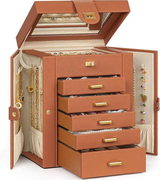 AKOZLIN Jewelry Box Organizer Functional Leather Jewelry Storage Case for Women Girls Ring Necklace Earring Bracelet Holder Organizer with Mirror-CubbioJoy