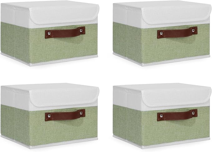 ANMINY 4PCS Storage Boxes with Lid Washable Decorative Storage Bins Basket with PU Leather Handle Foldable Linen Fabric Storage Cubes Containers for Home Closet Organizer - Green White, Small Size-CubbioJoy