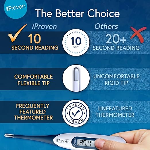 iProven Oral Thermometer, Measures in 10 seconds with flexible tip and fever alarm, Digital Medical Thermometer for adults, kids and toddlers - DTR-1221A-CubbioJoy