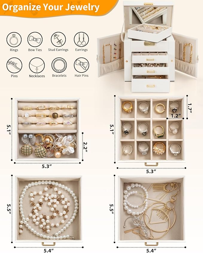 AKOZLIN 4-Tier Jewelry Box Leather Jewelry Storage Organizer with 3 Drawers Lockable for Women Girls Ring Necklace Earring Bracelet Holder with Mirror White-CubbioJoy