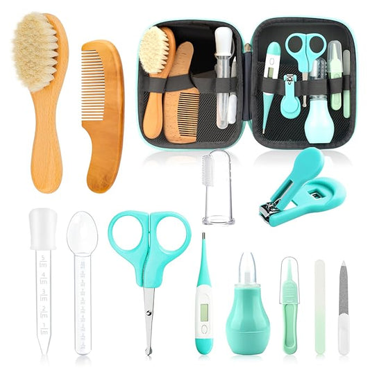 Baby Grooming Kit, Infant Safety Care Set with Hair Brush Comb Nail Clipper Nasal Aspirator,Baby Essentials Kit for Newborn Girls Boys (13 Pc Green Kit)-CubbioJoy