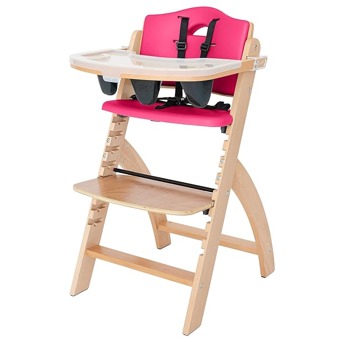Abiie Beyond Junior Wooden High Chair with Tray - Adjustable and Convertible High Chair for Babies and Toddlers - 6 Months to 250 Lb - Water Resistant - Natural Wood/Raspberry Cushion-CubbioJoy